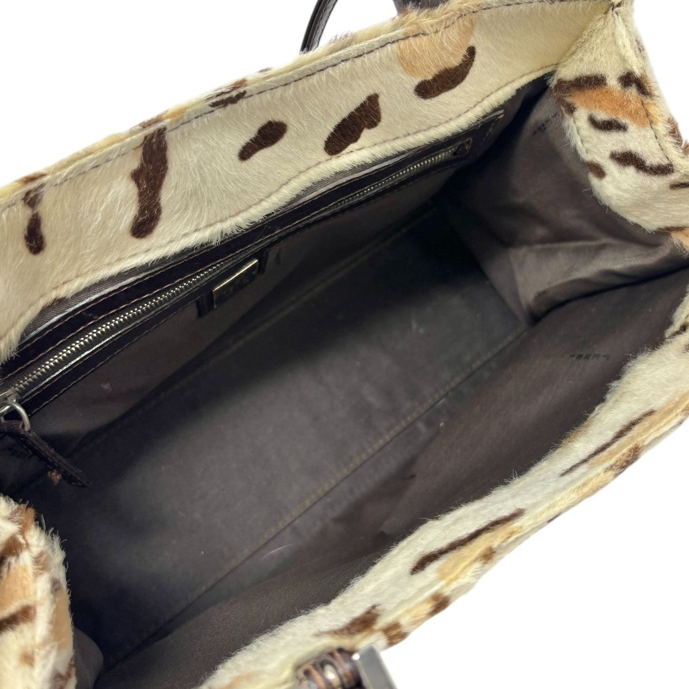 FENDI Vintage FF Logo Leopard Mamma Baguette Shoulder Bag Cream Brown Calf Hair