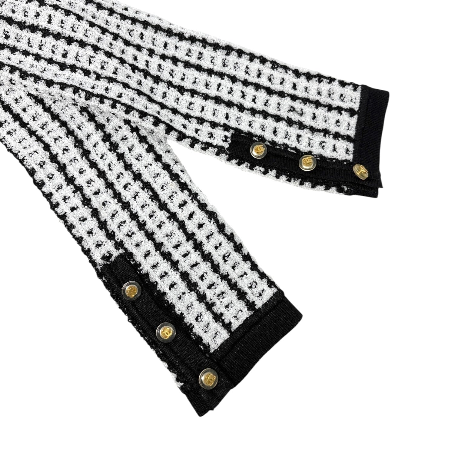 CHANEL Vintage 97P CC Logo Button Tweed Cardigan Sweater Top Black White