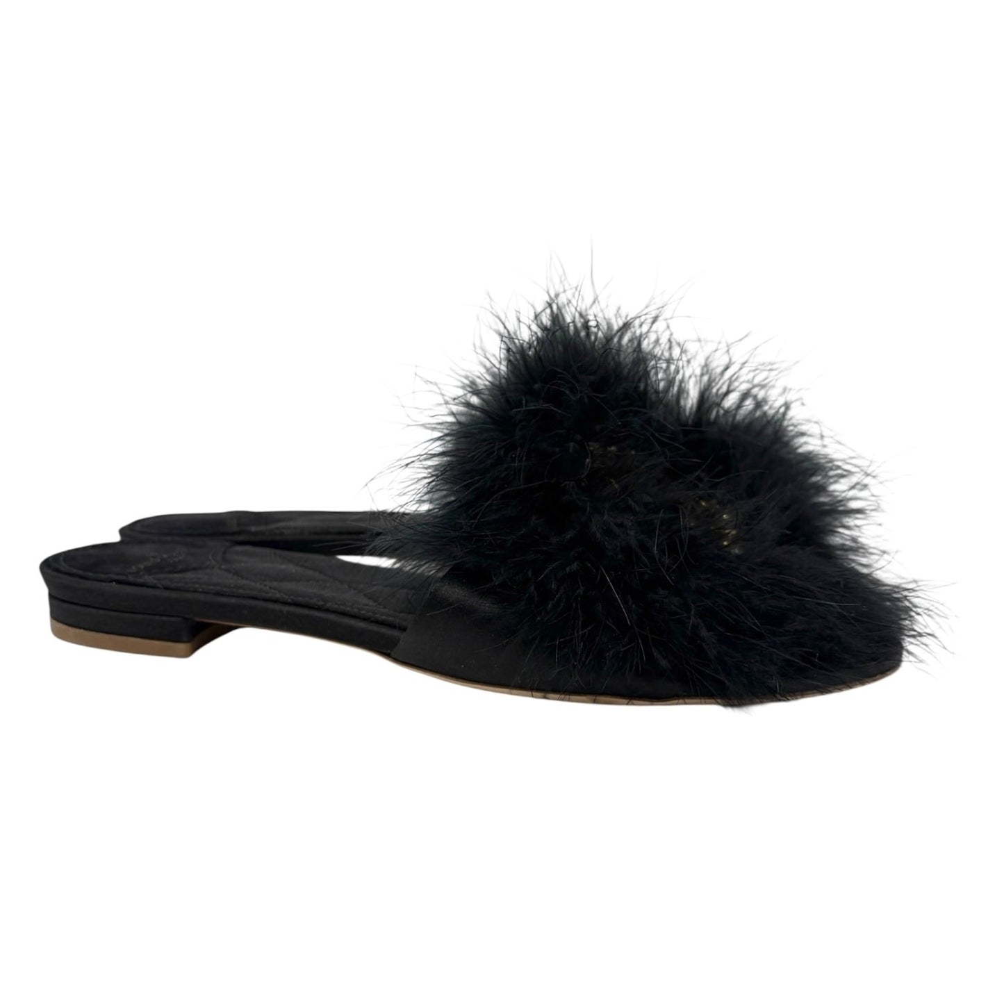 LOUIS VUITTON LV Bijou Logo Fur Flat Sandals #38 Rhinestone Black Satin