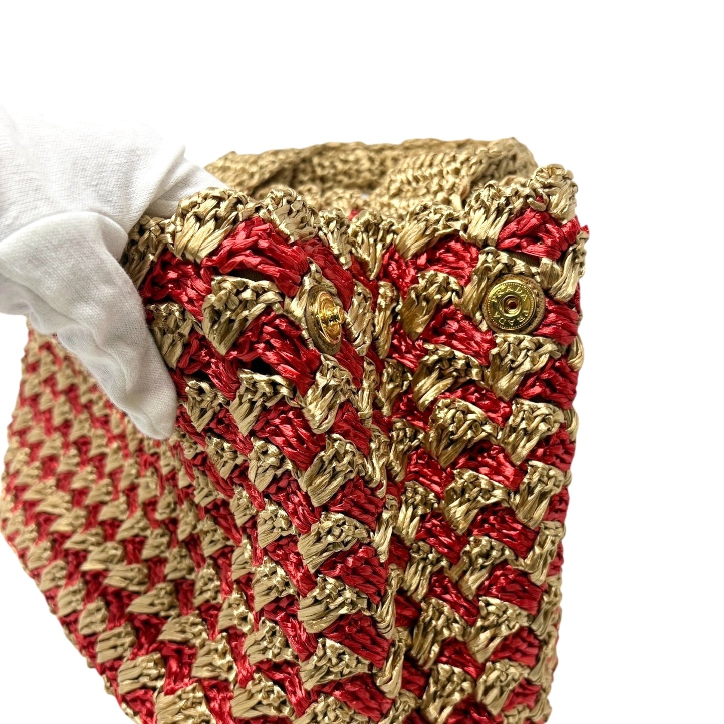 PRADA Vintage Triangle Logo Raffia Canapa Tote Bag Red Beige Gold Crochet