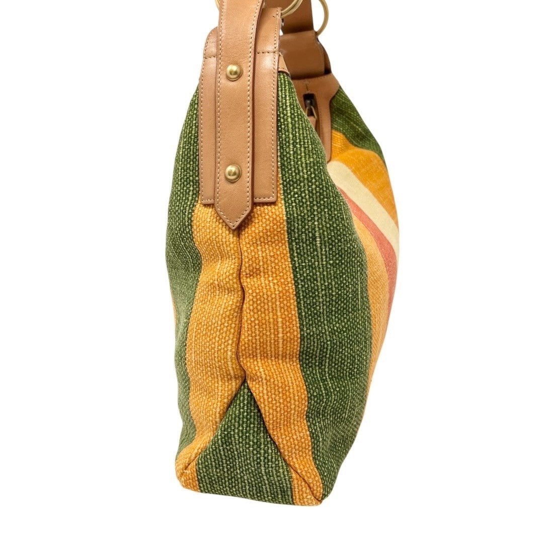 GUCCI Vintage Horsebit Multicolor Stripe Hobo Bag Zip Camel Canvas Leather
