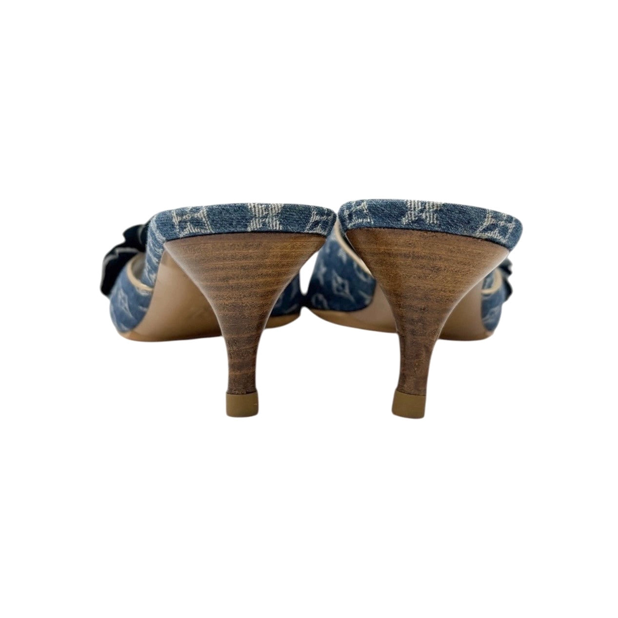 LOUIS VUITTON Vintage LV Monogram Denim Flower Heels Sandals #37 Blue Gold