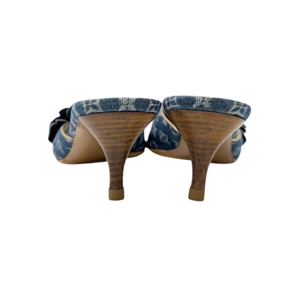 LOUIS VUITTON Vintage LV Monogram Denim Flower Heels Sandals #37 Blue Gold