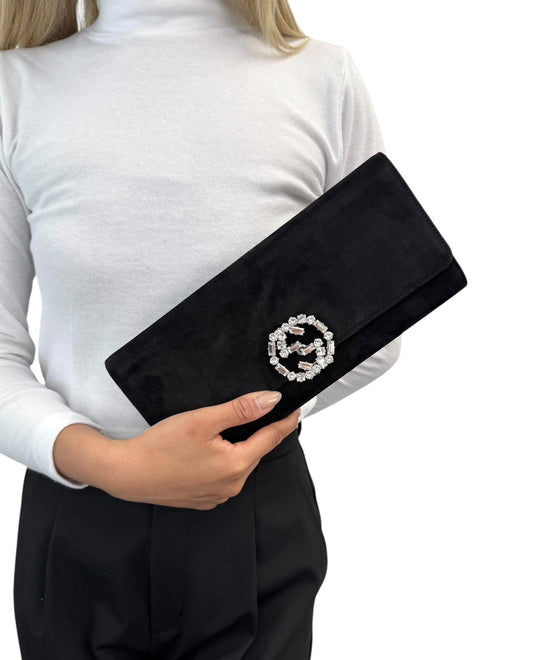 GUCCI Vintage GG Logo Clutch Bag Pouch Crystal Rhinestone Black Silver Suede