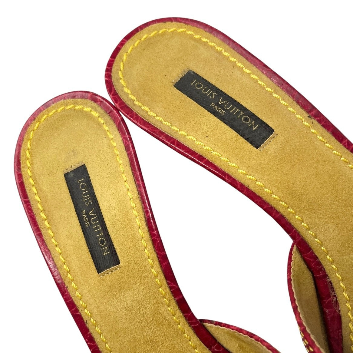 LOUIS VUITTON Vintage LV Monogram Logo Denim Sandals Heels #37-37.5 Blue Red