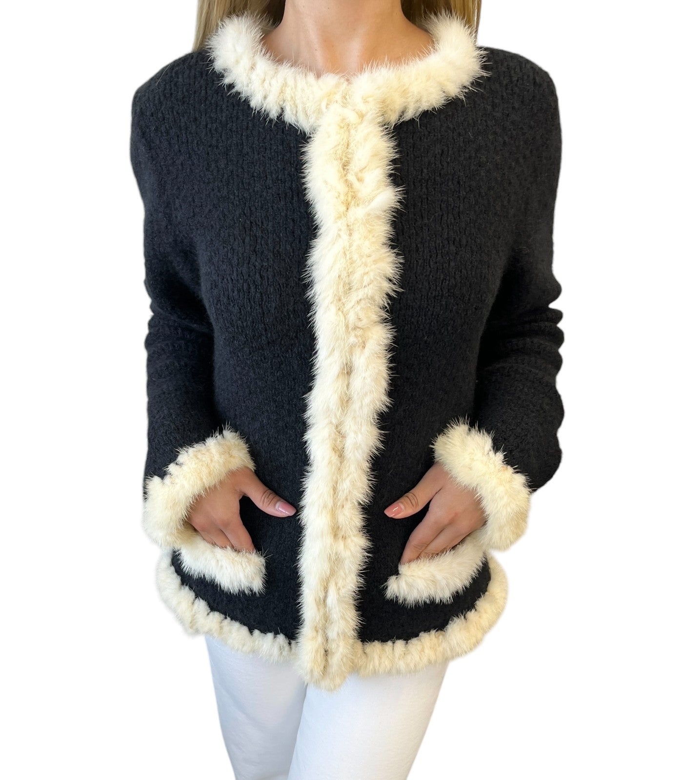 CHANEL Vintage 03A CC Logo Mohair Knit Fur Jacket Pocket Button #38 Black Cream