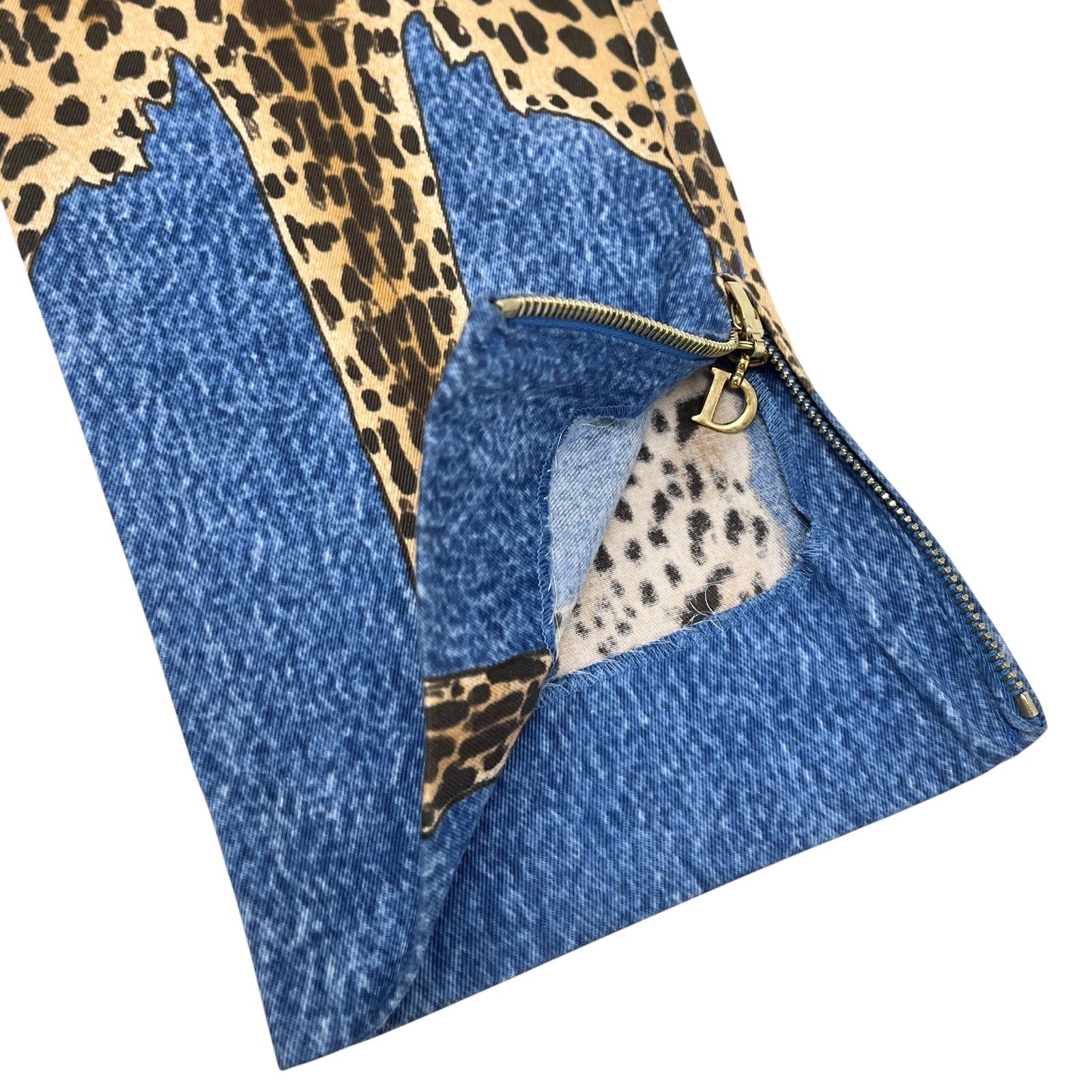 Christian Dior Vintage 2000 AW Runway Cheetah Denim Pants #40 Blue Gold Cotton