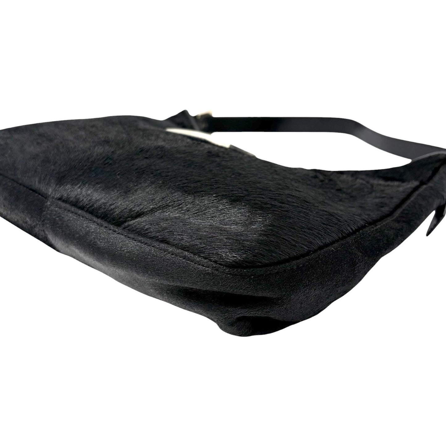 FENDI Vintage FF Logo Pony Calf Hair Hobo Shoulder Bag Black Silver 902040