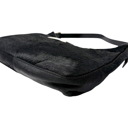 FENDI Vintage FF Logo Pony Calf Hair Hobo Shoulder Bag Black Silver 902040