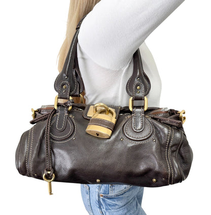Chloe Vintage Paddington Padlock Key Boston Bag Leather Brown Gold 902822