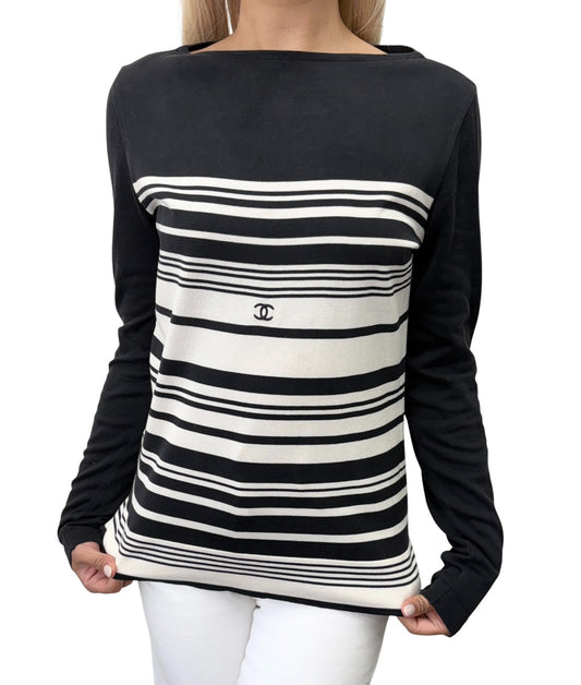 CHANEL Vintage 98P CC Logo Strip Knit Shirt Top #36 Long Sleeve Black 901887