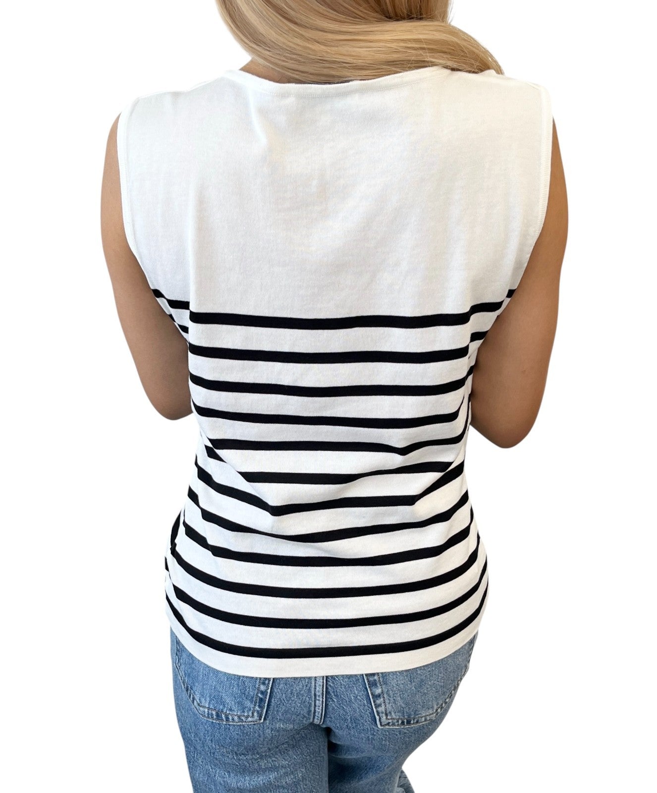 CHANEL Vintage 1994 CC Logo Striped Sleeveless Top #40 Tank White Black Cotton