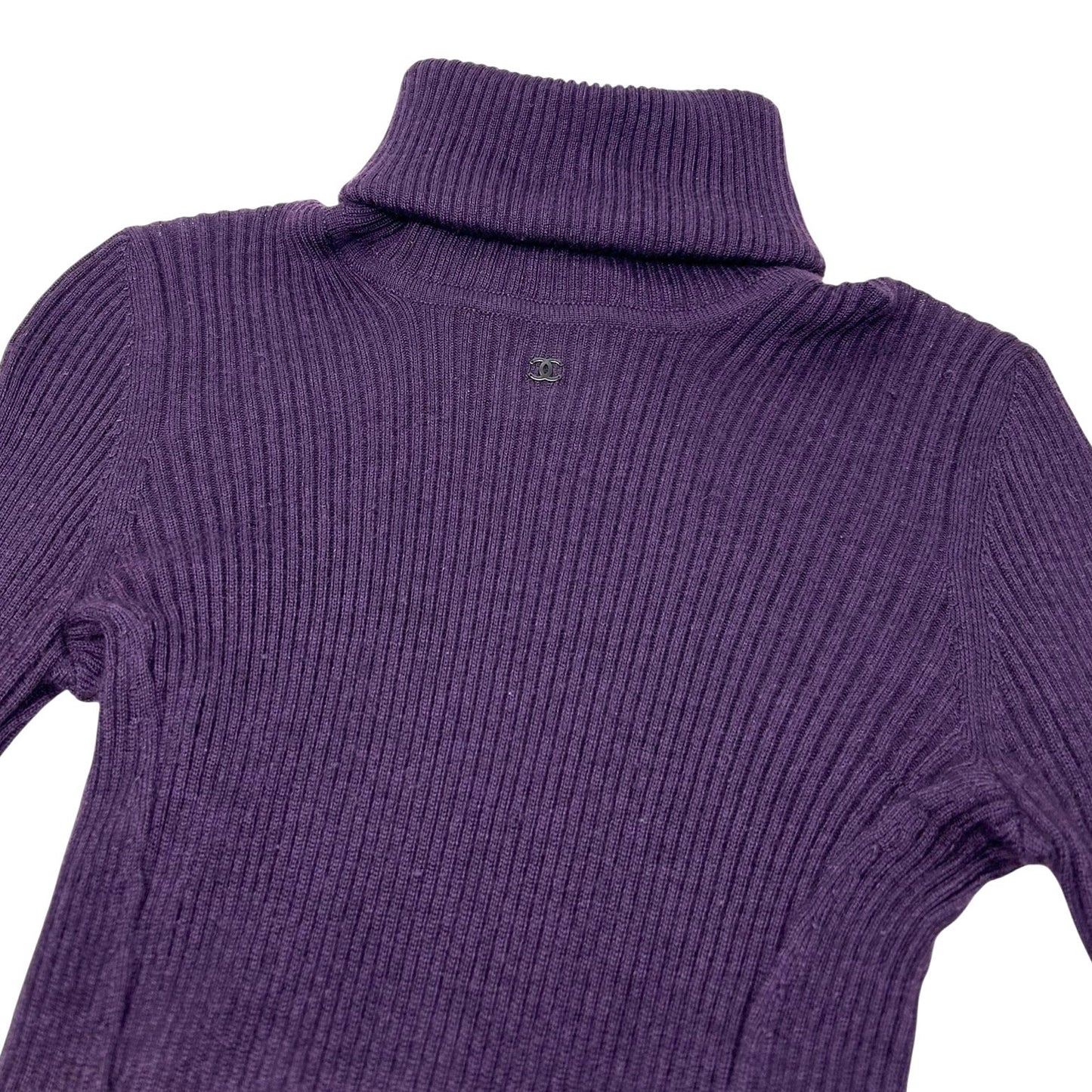 CHANEL Vintage 98A CC Logo Rib Knit Sweater Top #40 Turtleneck Purple Cashmere