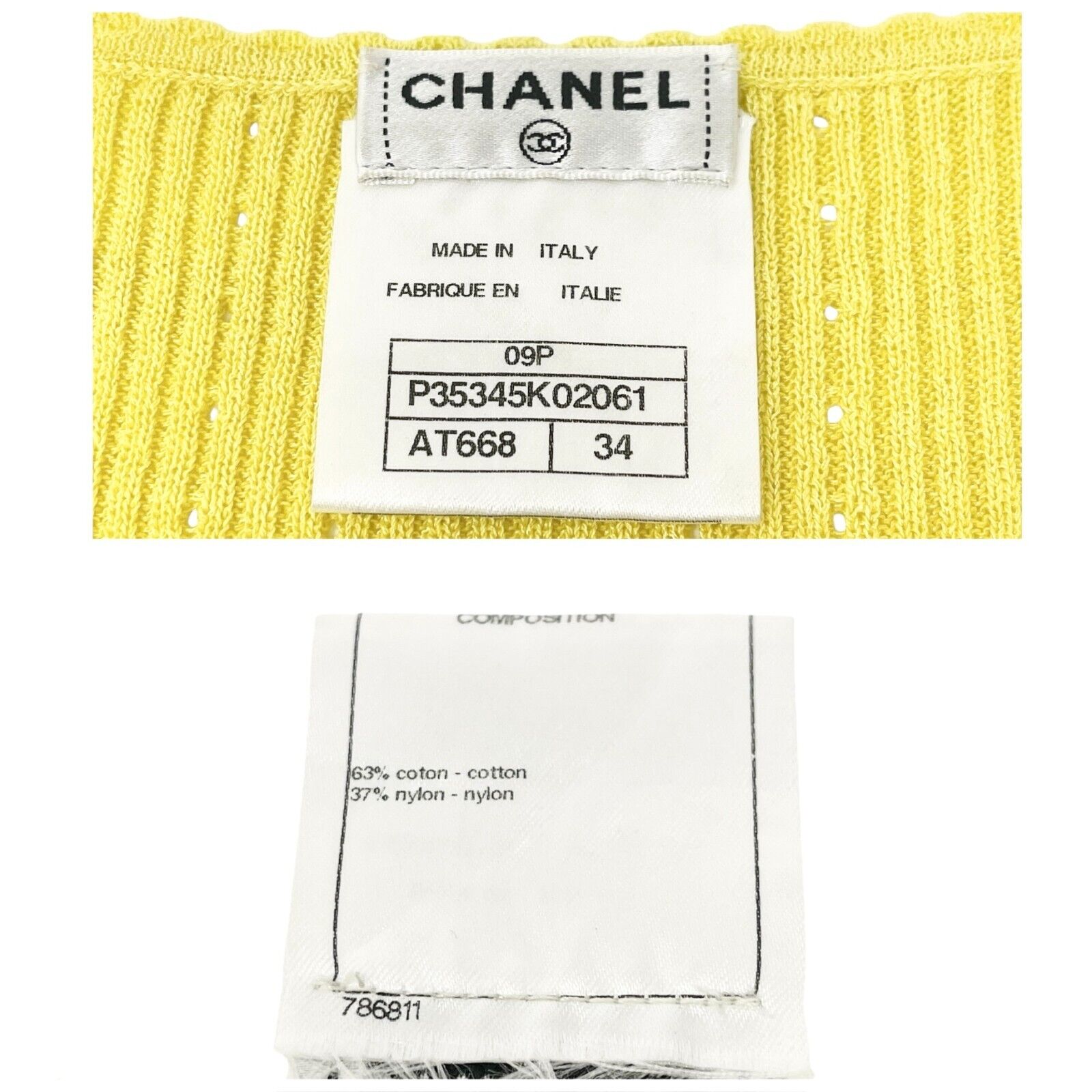 CHANEL 09P Vintage CC Logo Summer Knit Top #34 Yellow Cotton Rank AB+