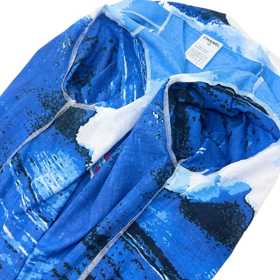 CHANEL Surf Vintage 02S CC Logo Aloha Shirt Top #36 Blue White Cotton 902834