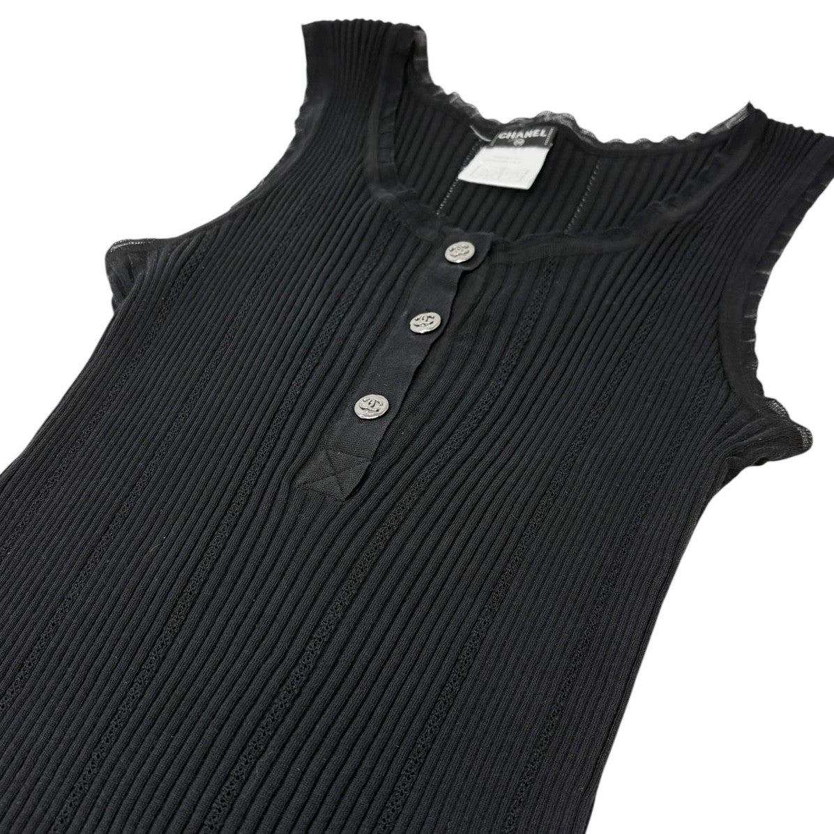 CHANEL Vintage 08P CC Logo Button Ribbed Knit Tank Top #42 Black Silver Cotton