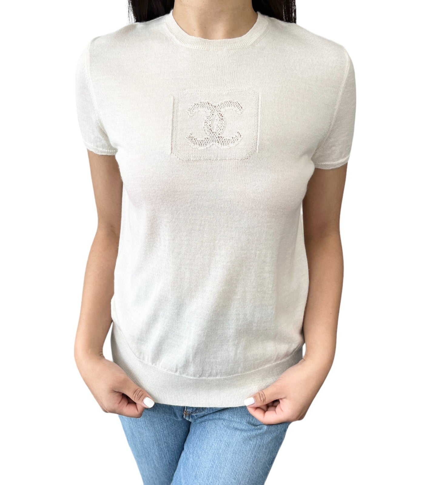 CHANEL Vintage 03P CC Mark Logo Mesh Knit Tshirt Top White Short Sleeve Cotton