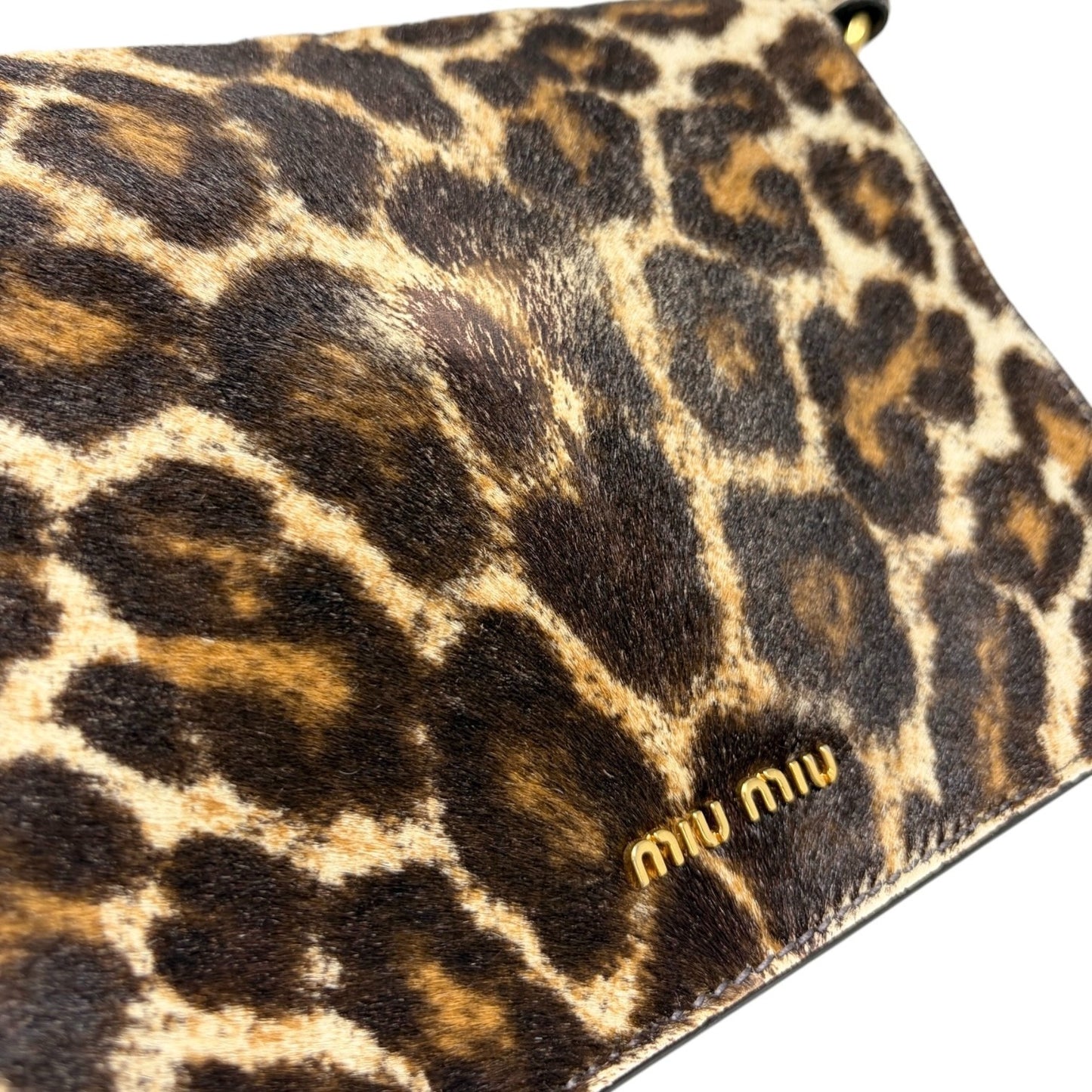 miumiu Vintage Leopard Pony Calf Hair Crossbody Bag Brown Gold Leather 902218