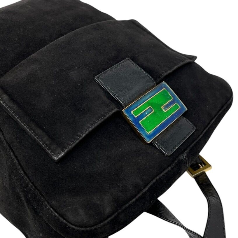 FENDI Vintage FF Logo Backpack Zip Black Green Suede Leather Front Pocket