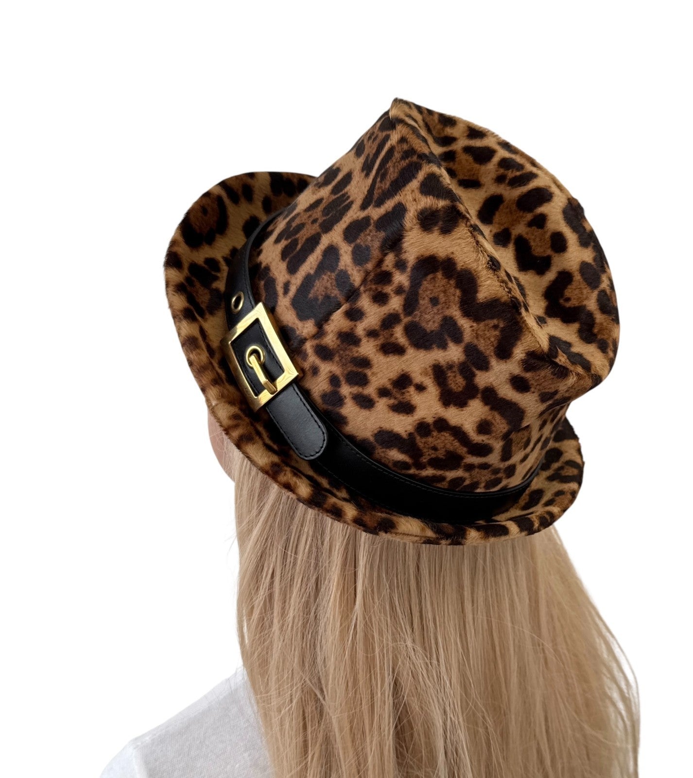 GUCCI Vintage Logo Leopard Pony Calf Hair Hat #M Beige Brown Cotton Belt