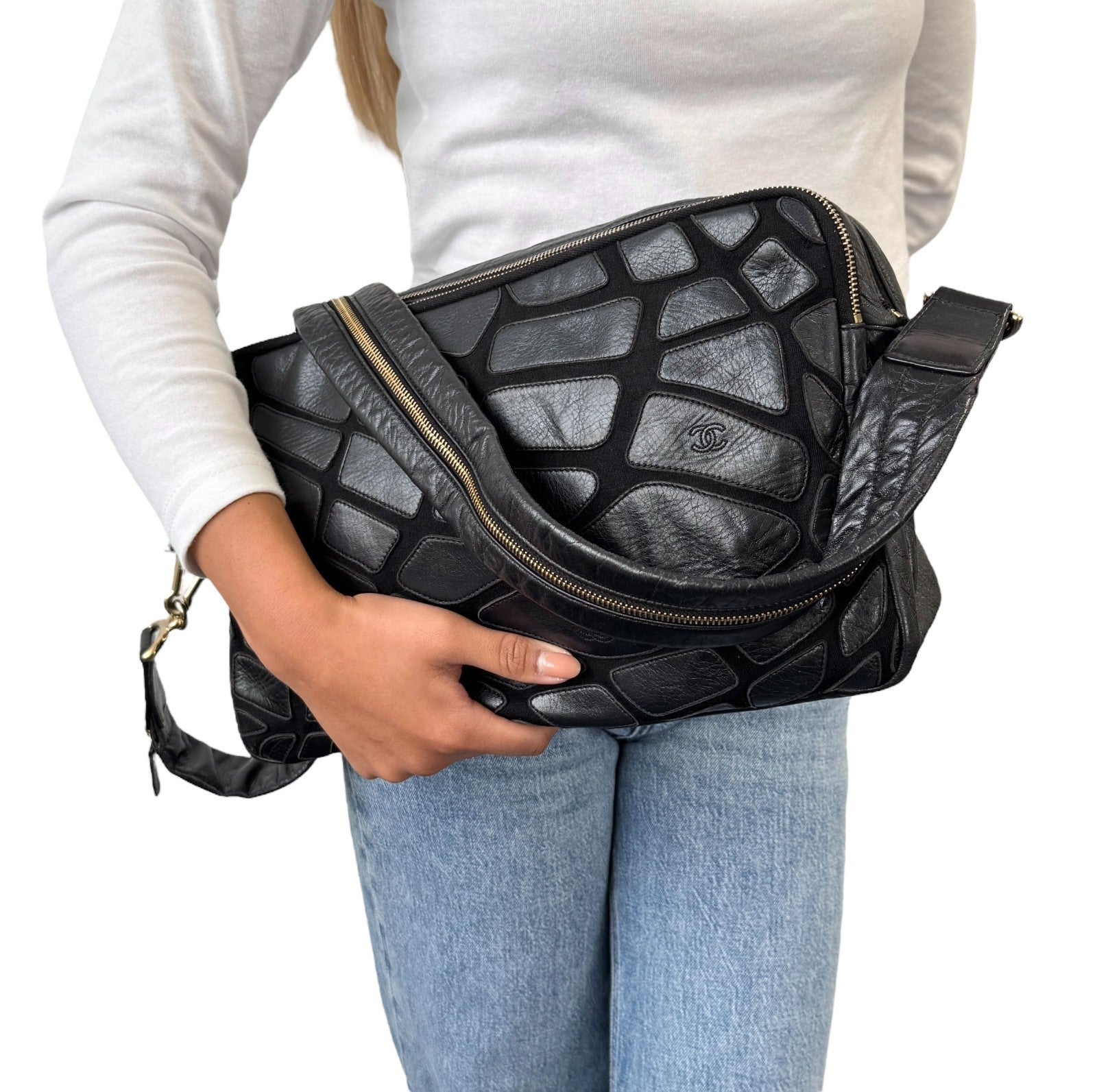 CHANEL Vintage CC Logo Crossbody Bag Lambskin Jersey Scales Leather Black Gold