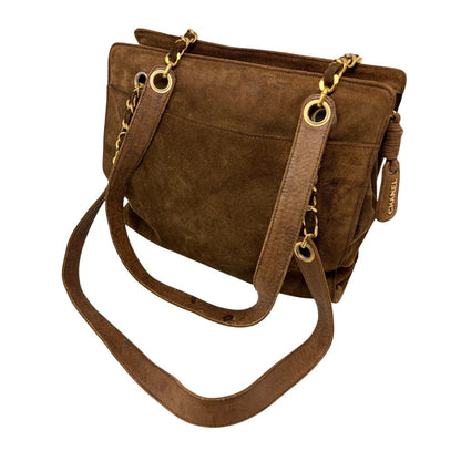 CHANEL Vintage CC Logo Suede Chain Tote Shoulder Bag Brown Gold 902488