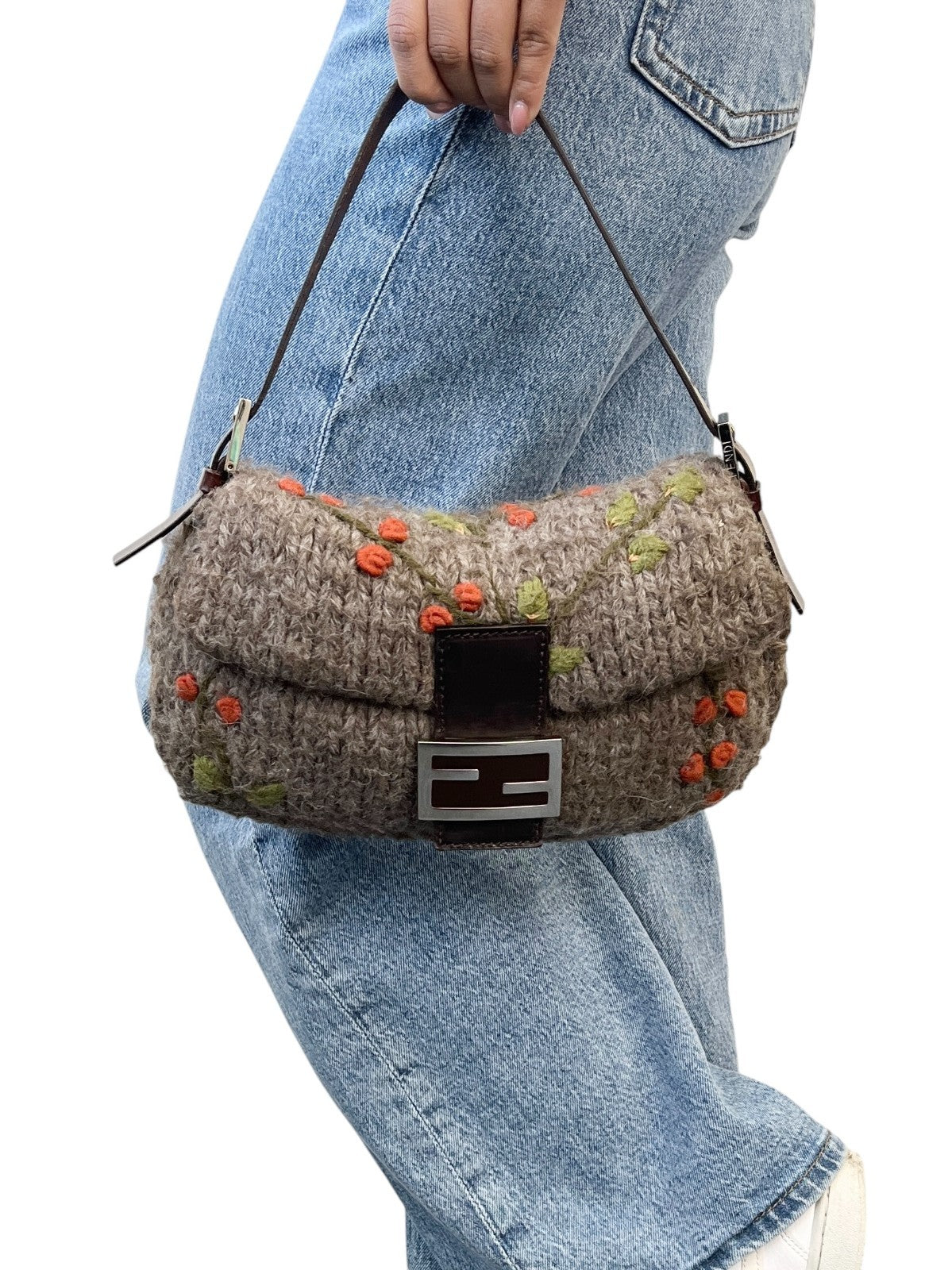 FENDI Vintage FF Mamma Baguette Wool Knit Shoulder Bag Gray Brown Flower