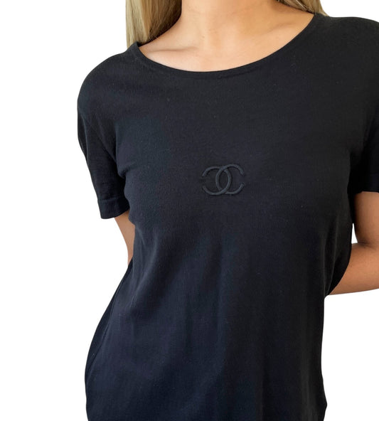 CHANEL Vintage 95P CC Mark Logo T-shirt #40 Short Sleeve Top Black Cotton
