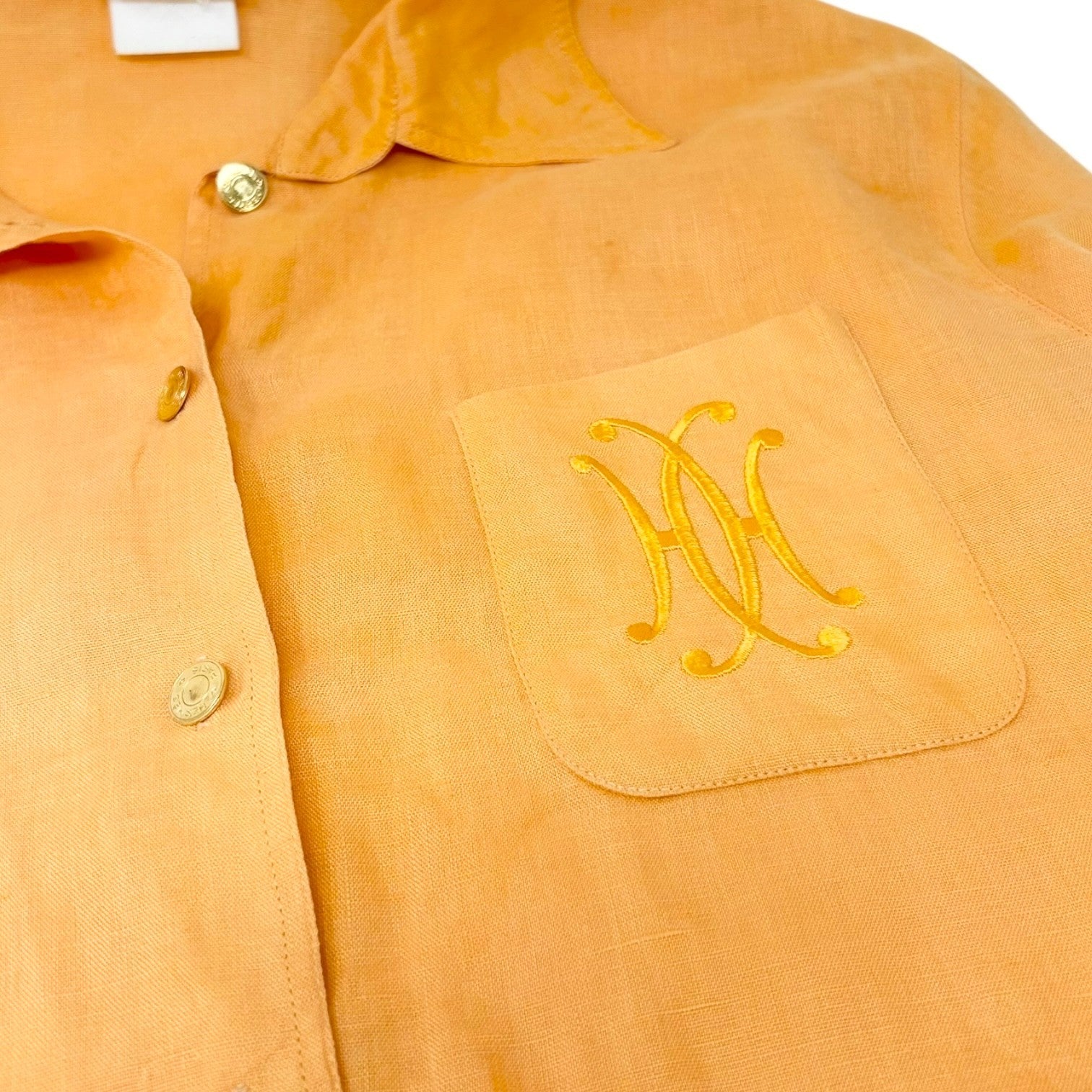HERMES Vintage Logo Clou de Selle Button Up Shirt Top #36 Orange Gold Linen