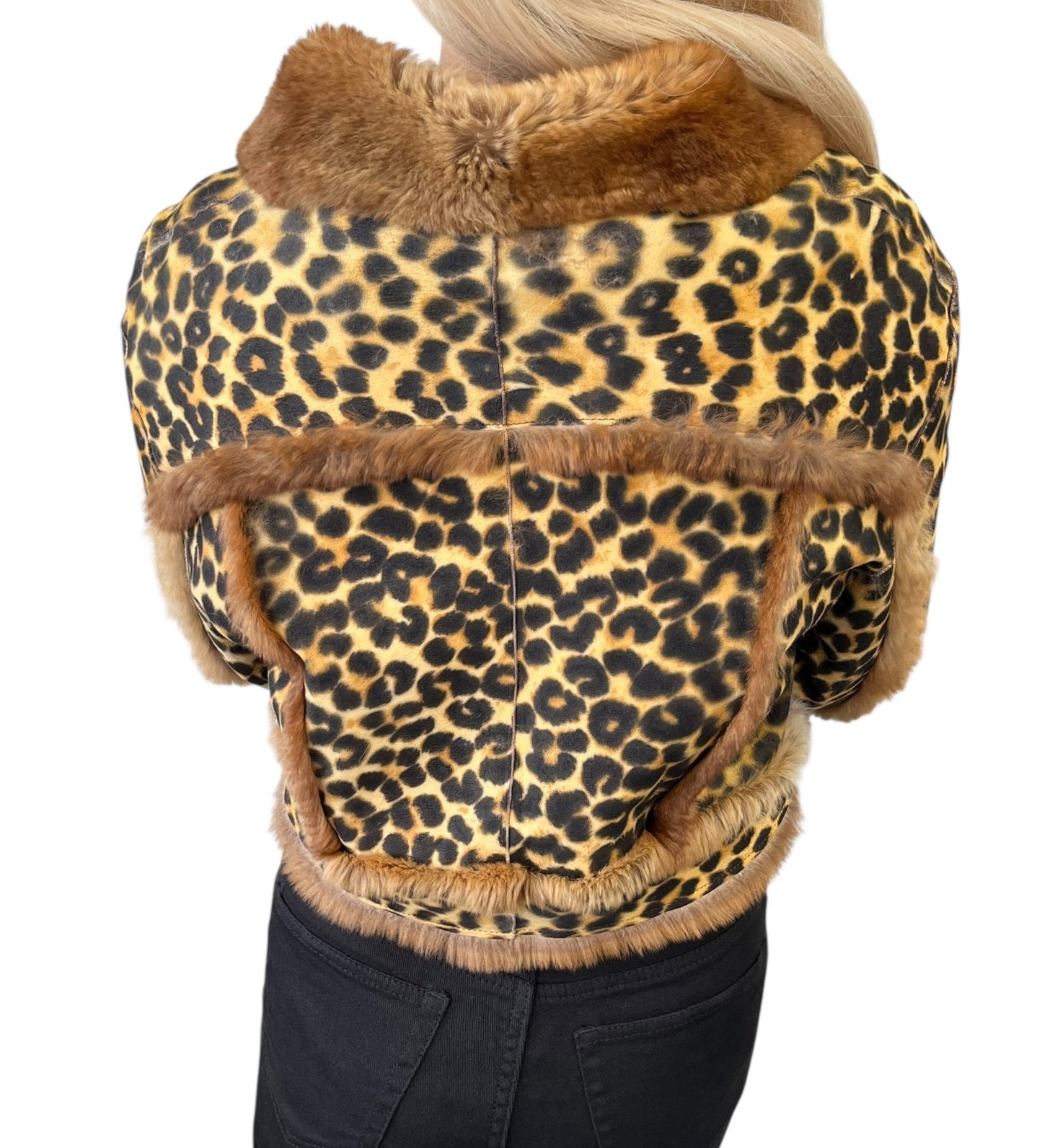 Christian Dior Vintage Leopard Shearling Fur Jacket Top #40 Brown Leather