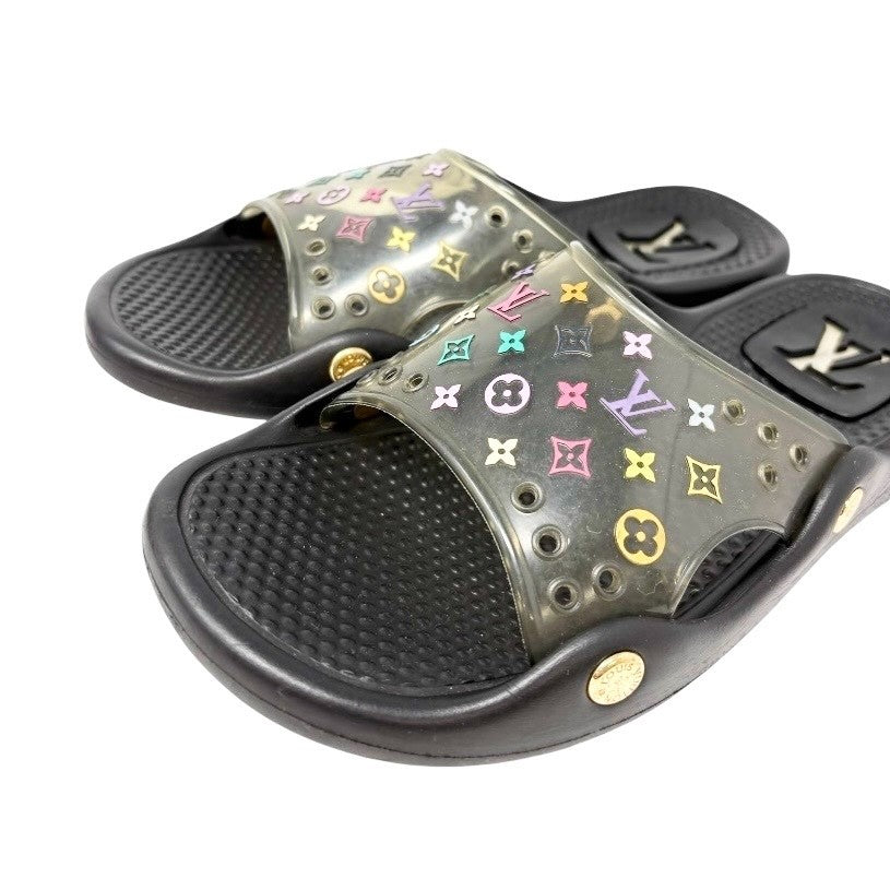LOUIS VUITTON Vintage Monogram Multicolor Slide Sandals #37 Black Rubber