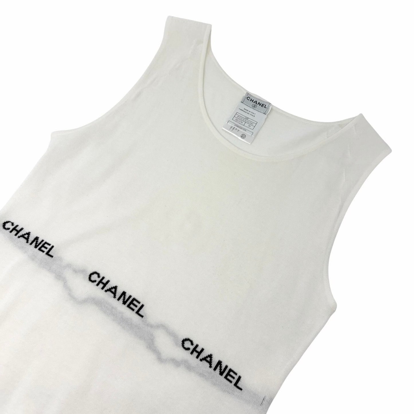 CHANEL Vintage 04P Logo Letter Knit Tank Top #38 White Black Cotton 902554