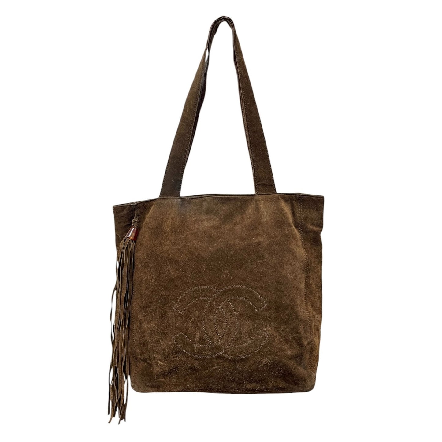 CHANEL Vintage CC Logo Suede Shoulder Tote Bag Fringe Brown Stitch 902594