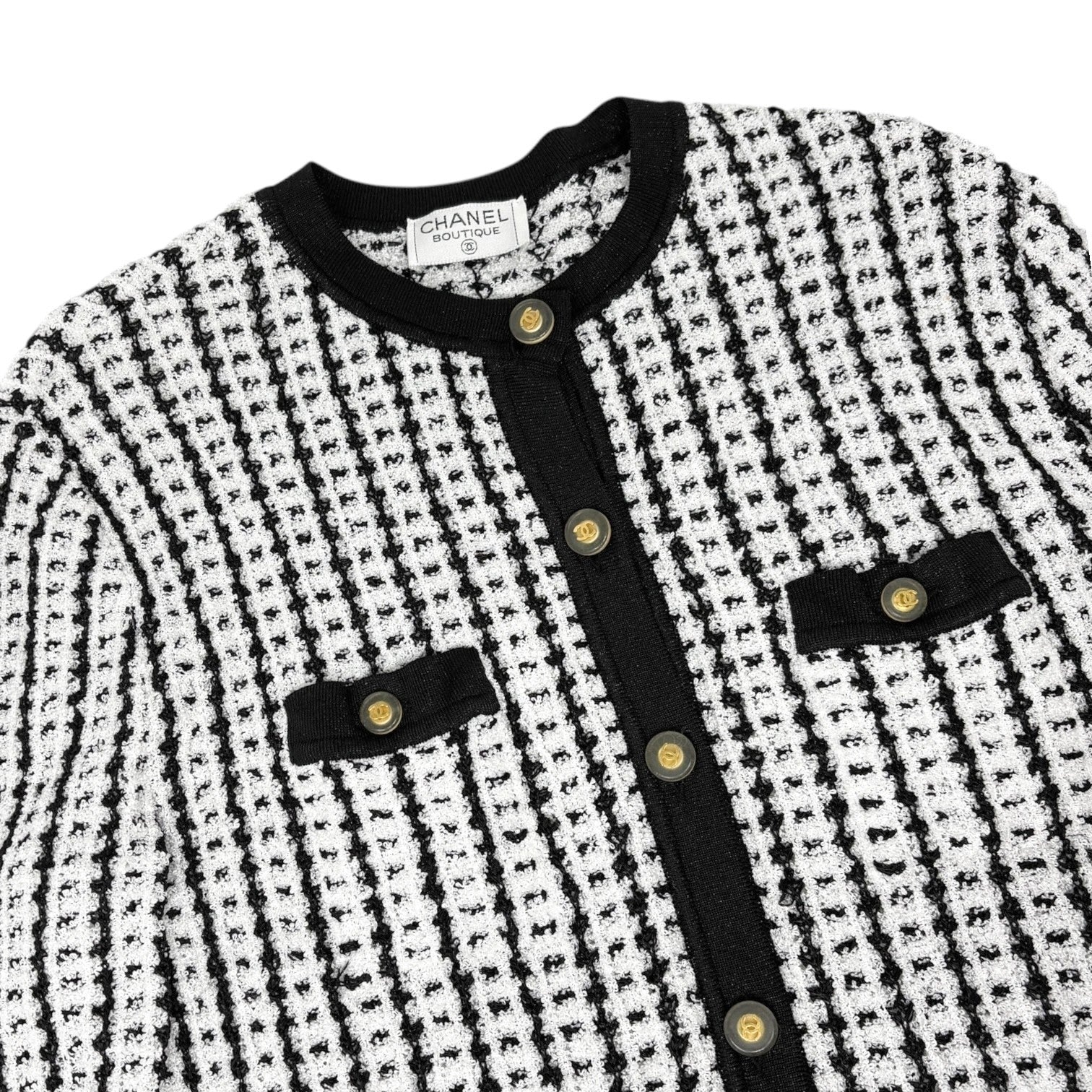 CHANEL Vintage 97P CC Logo Button Tweed Cardigan Sweater Top Black White