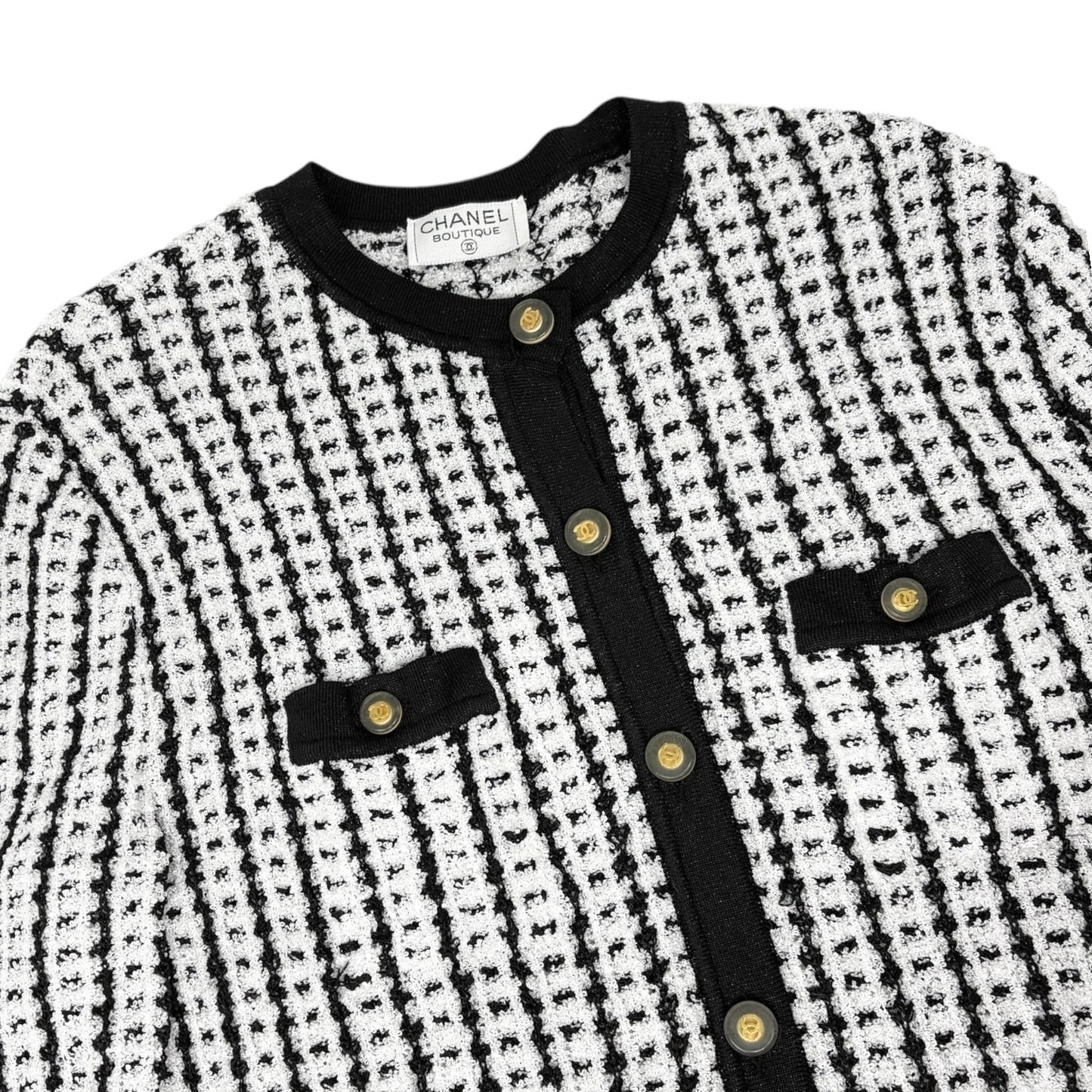 CHANEL Vintage 97P CC Logo Button Tweed Cardigan Sweater Top Black White
