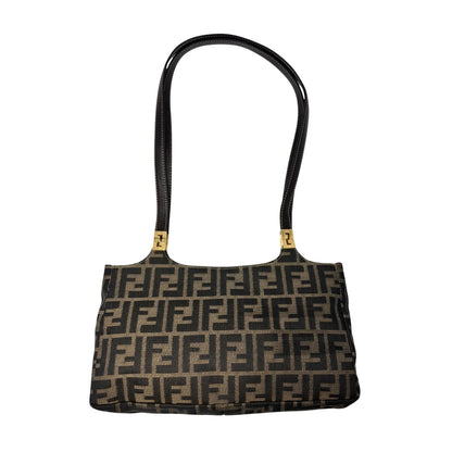 FENDI Vintage FF Zucca Monogram Canvas Shoulder Bag Brown Gold Leather 902063