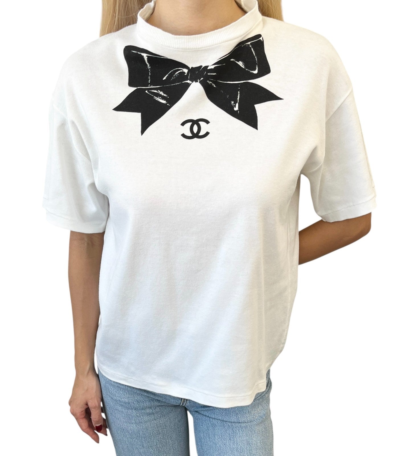CHANEL Vintage CC Logo Bow Graphic Crewneck T-shirt Top #M White Cotton Ribbon