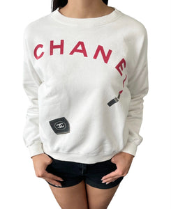 CHANEL Vintage CC Logo Long Sleeve Top Sweatshirt #M White Red Rip Cosme Cotton
