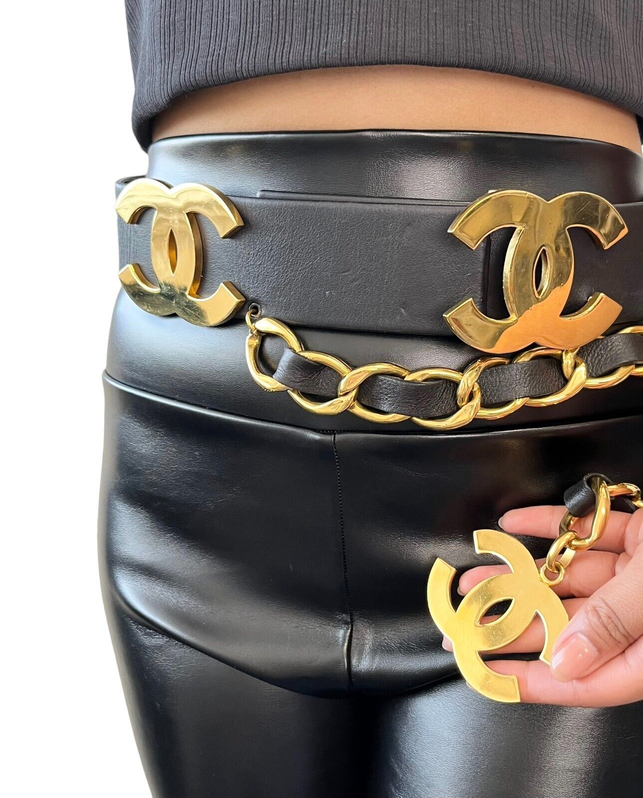 CHANEL Vintage 93P Runway Big CC Logo Belt Dangle Black Gold Leather Rank AB