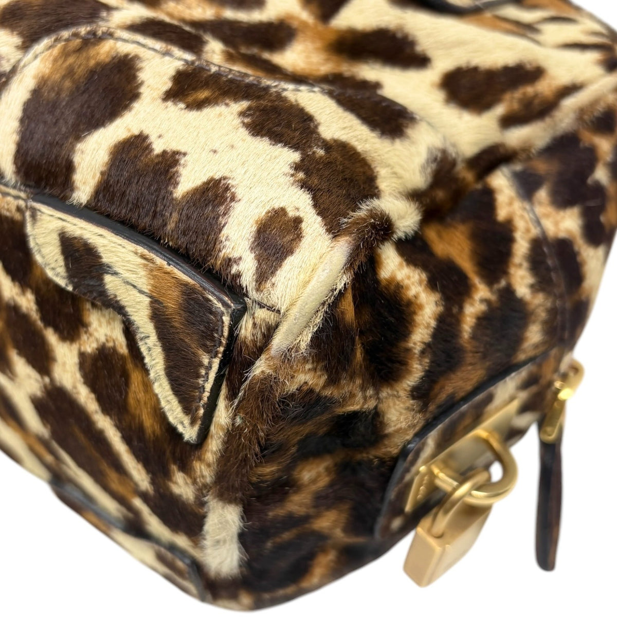 PRADA Vintage Leopard Pony Calf Hair Shoulder Top Handle Bag Cream Brown 902393