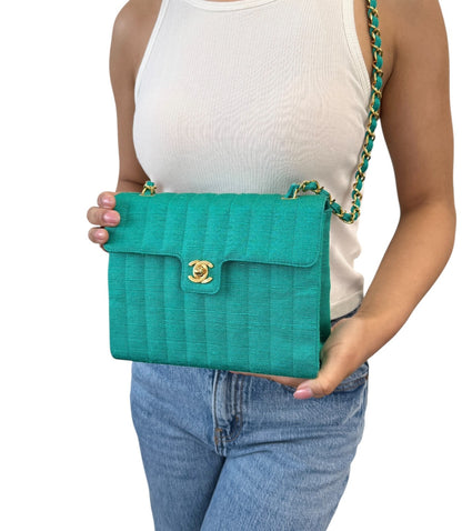 CHANEL Vintage CC Mark Logo Crossbody Shoulder Flap Bag Chain Green Gold Cotton