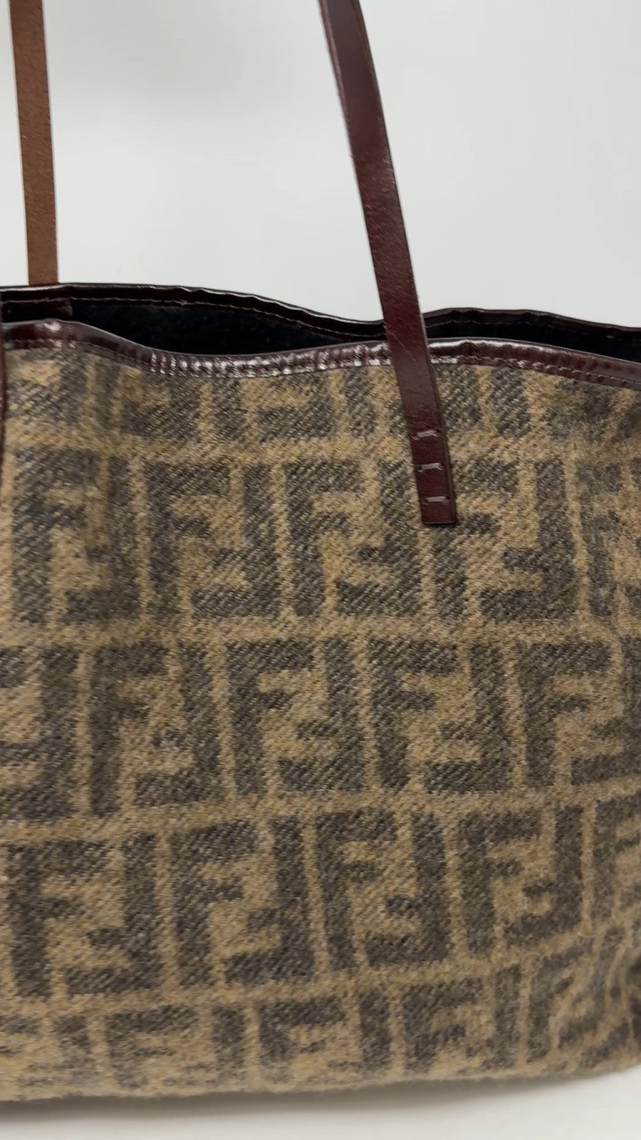 FENDI Vintage Zucca Monogram Knit Wool Tote Shoulder Bag Leather Pouch Brown
