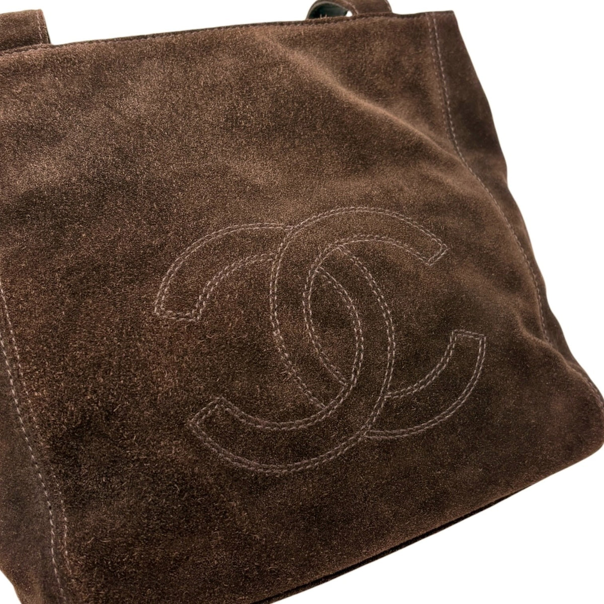 CHANEL Vintage Stitch CC Logo Suede Tote Shoulder Bag Dark Brown 902336