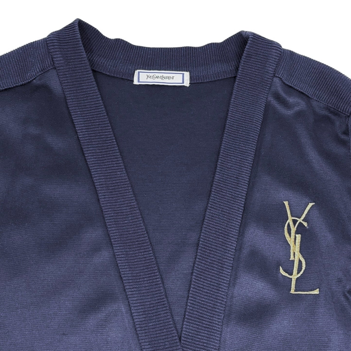 Yves Saint Laurent Vintage YSL Logo Cardigan Top #M Blue Gold Sweater 902072
