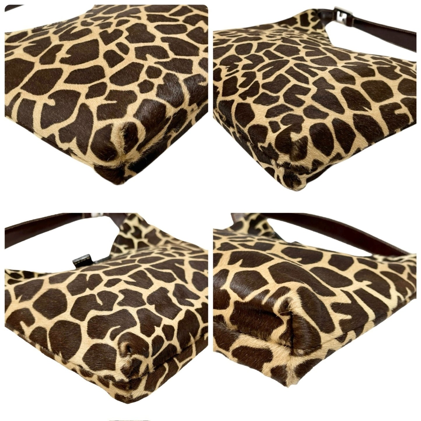 FENDI Vintage Zucca Logo Giraffe Print Shoulder Bag Brown Beige Calf Hair