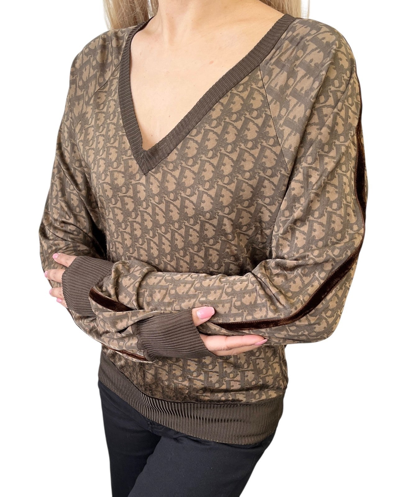 Christian Dior Vintage 2005 Trotter Monogram Stretch Satin Top #36 Brown