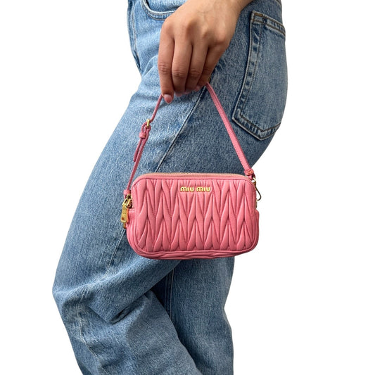 miu miu Vintage Logo Matelasse Leather Mini Double Zip Bag Pink Gold 902277