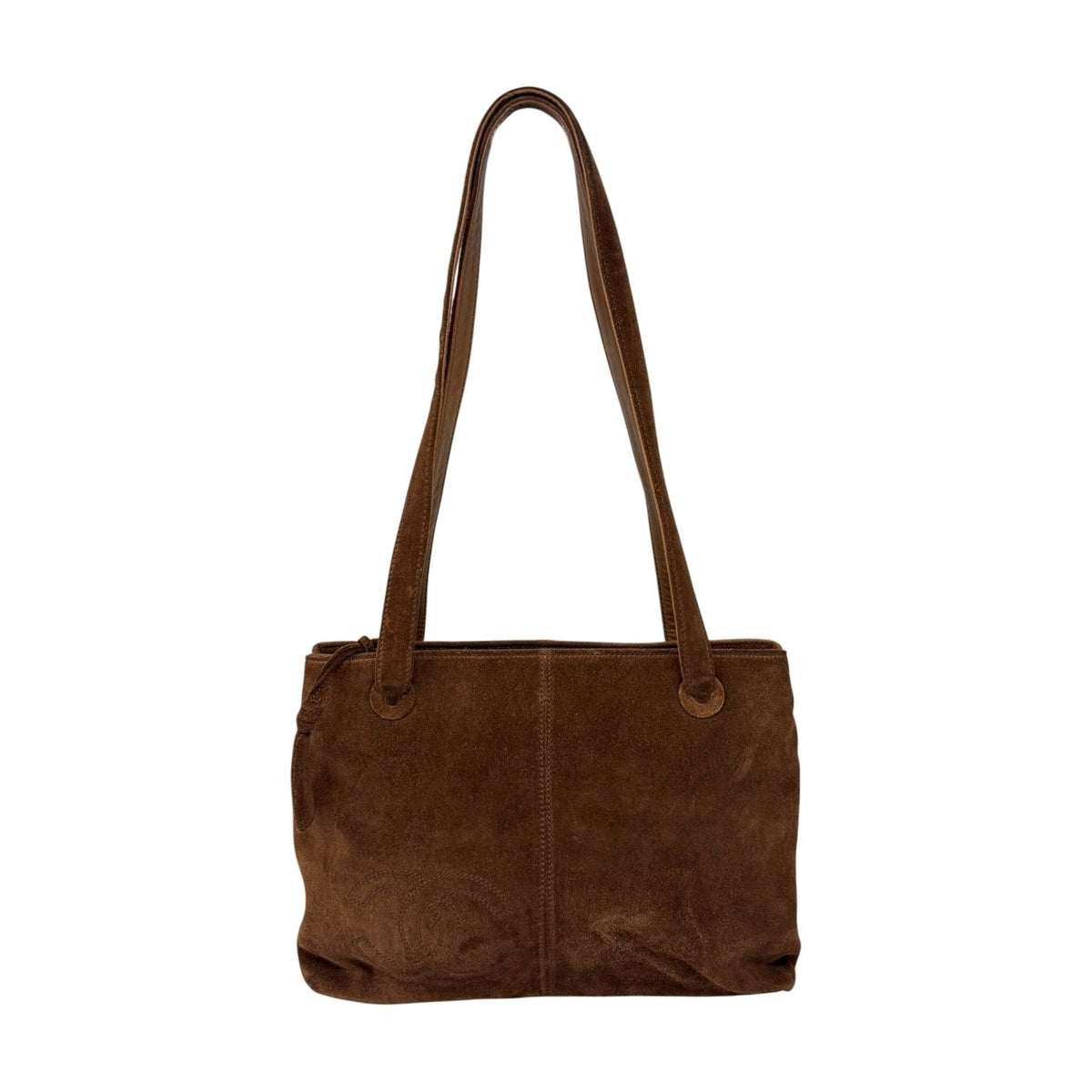 CHANEL Vintage Stitch CC Logo Suede Tote Shoulder Bag Zip Brown 902486