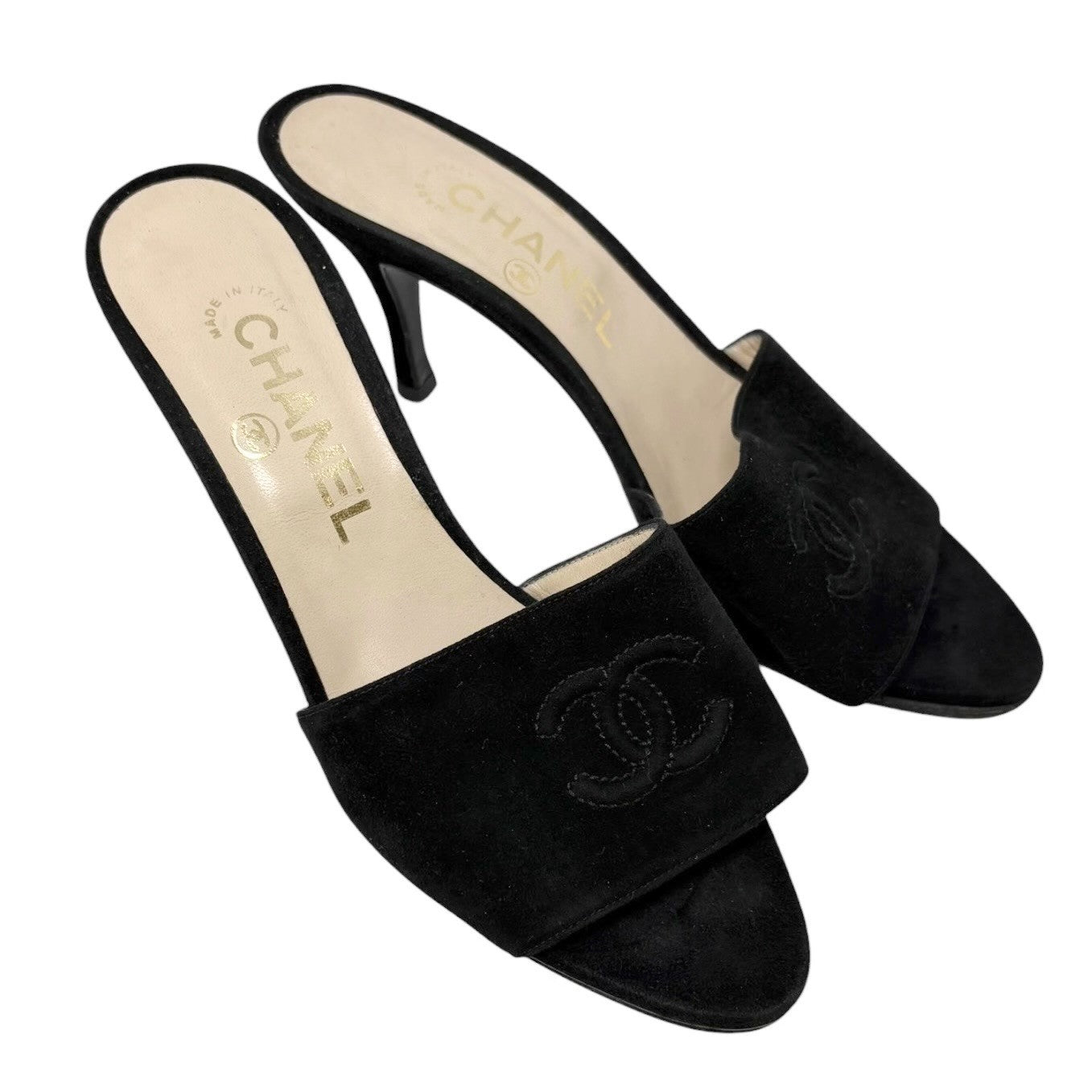 CHANEL Vintage CC Logo Suede Mule Sandals Heels #36 Black Beige 901813