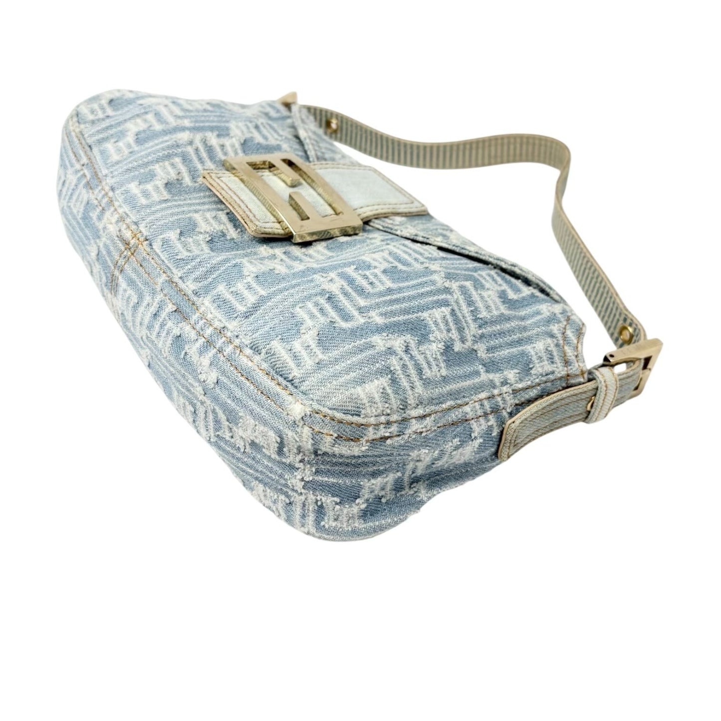 FENDI Vintage FF Zucca Monogram Denim Mamma Baguette Shoulder Bag Blue Gold
